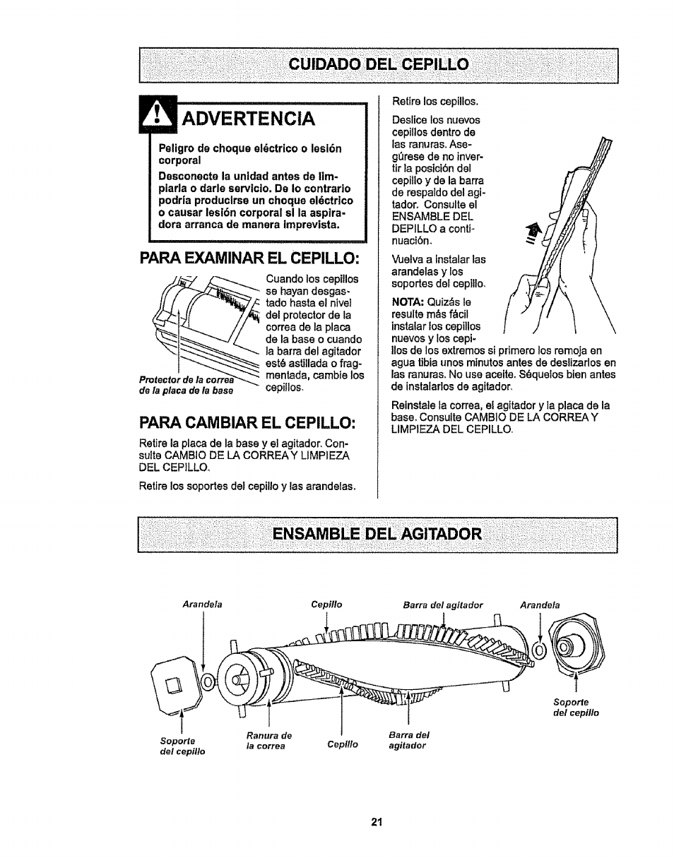 Advertencia, Para cambiar el cepillo | Kenmore 116.38412 User Manual | Page 44 / 46