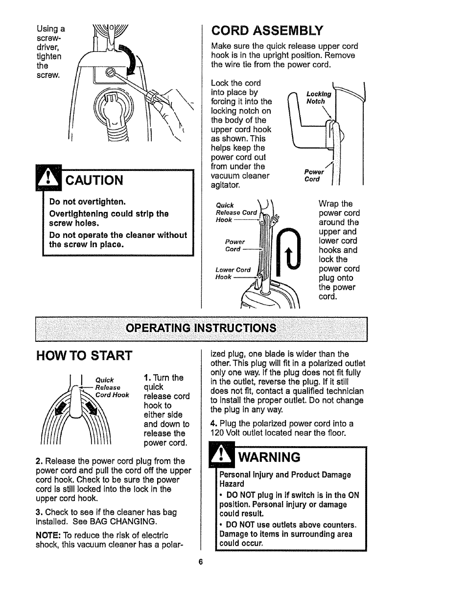 Caution, Cord assembly, Operating instructions | Howto start, Warning, Operating instructions.............. .., 6 | Kenmore 116.38412 User Manual | Page 6 / 46