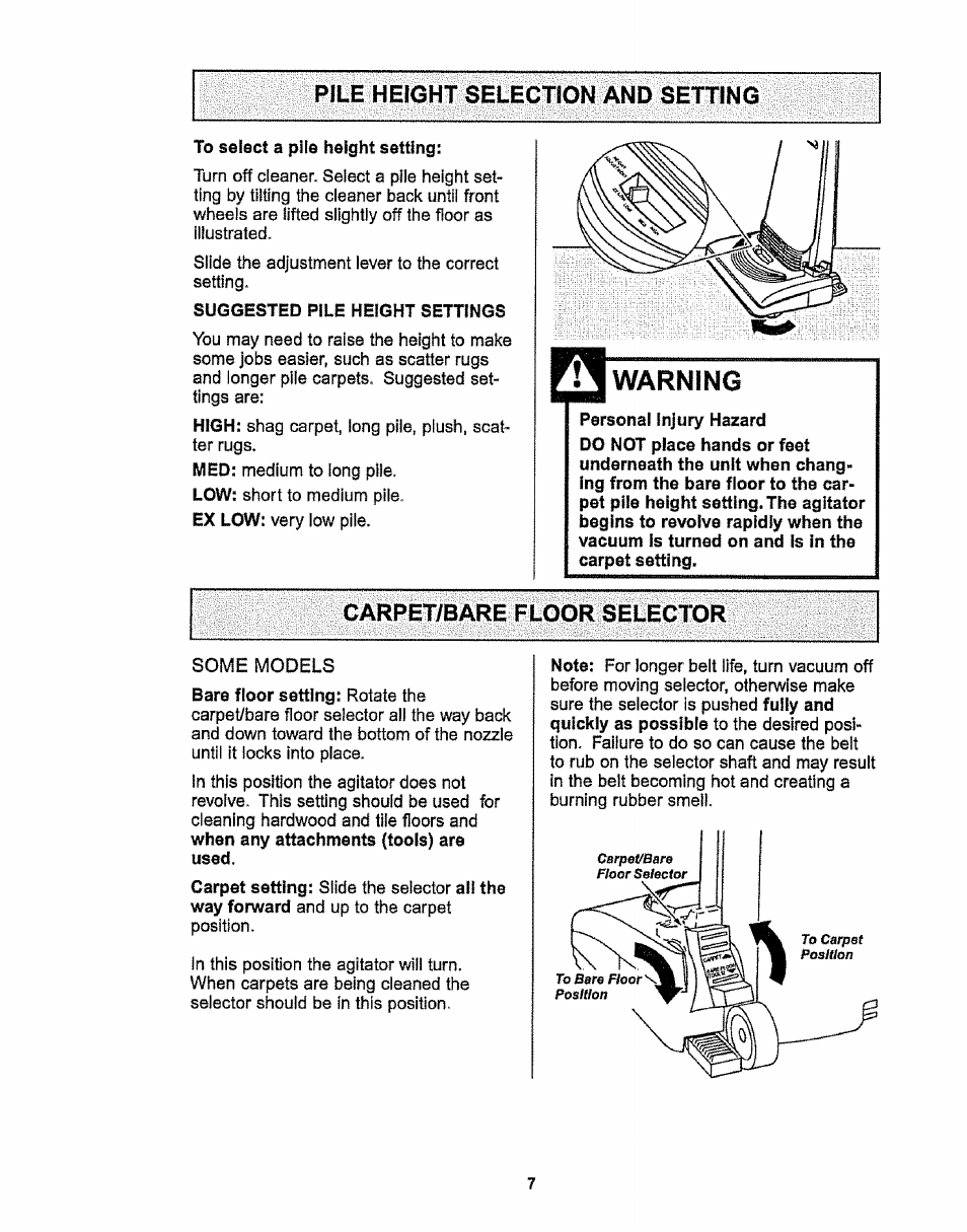 Pile height selection and setting, To select a pile height setting, Warning | Personal injury hazard, Carpet/bare floor selector, Some models | Kenmore 116.38412 User Manual | Page 7 / 46