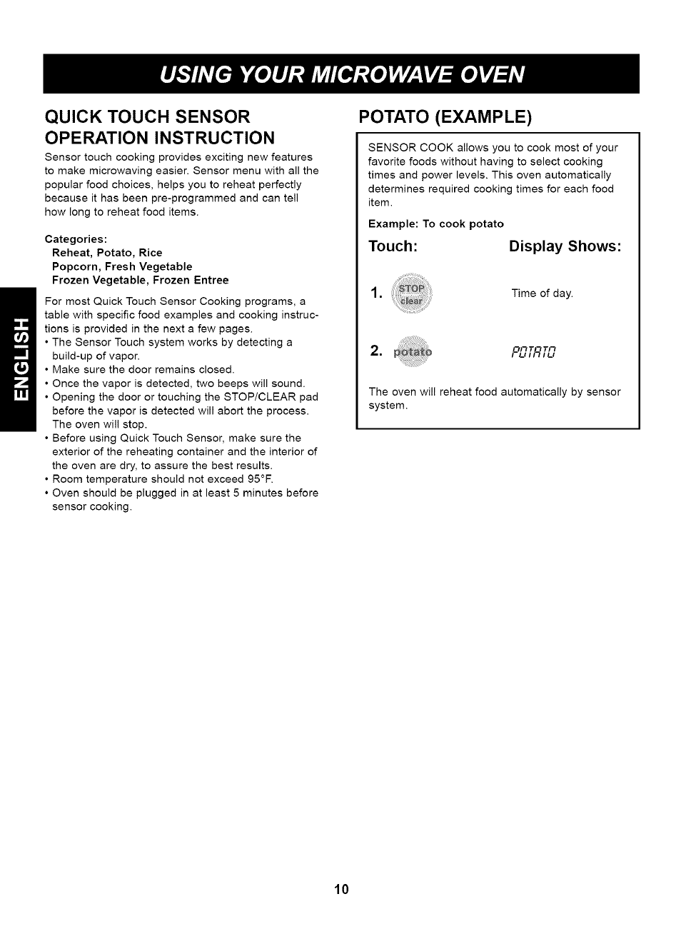 Quick touch sensor operation instruction, Categories, Potato (example) | Using your microwave oven | Kenmore 721.63263 User Manual | Page 10 / 47