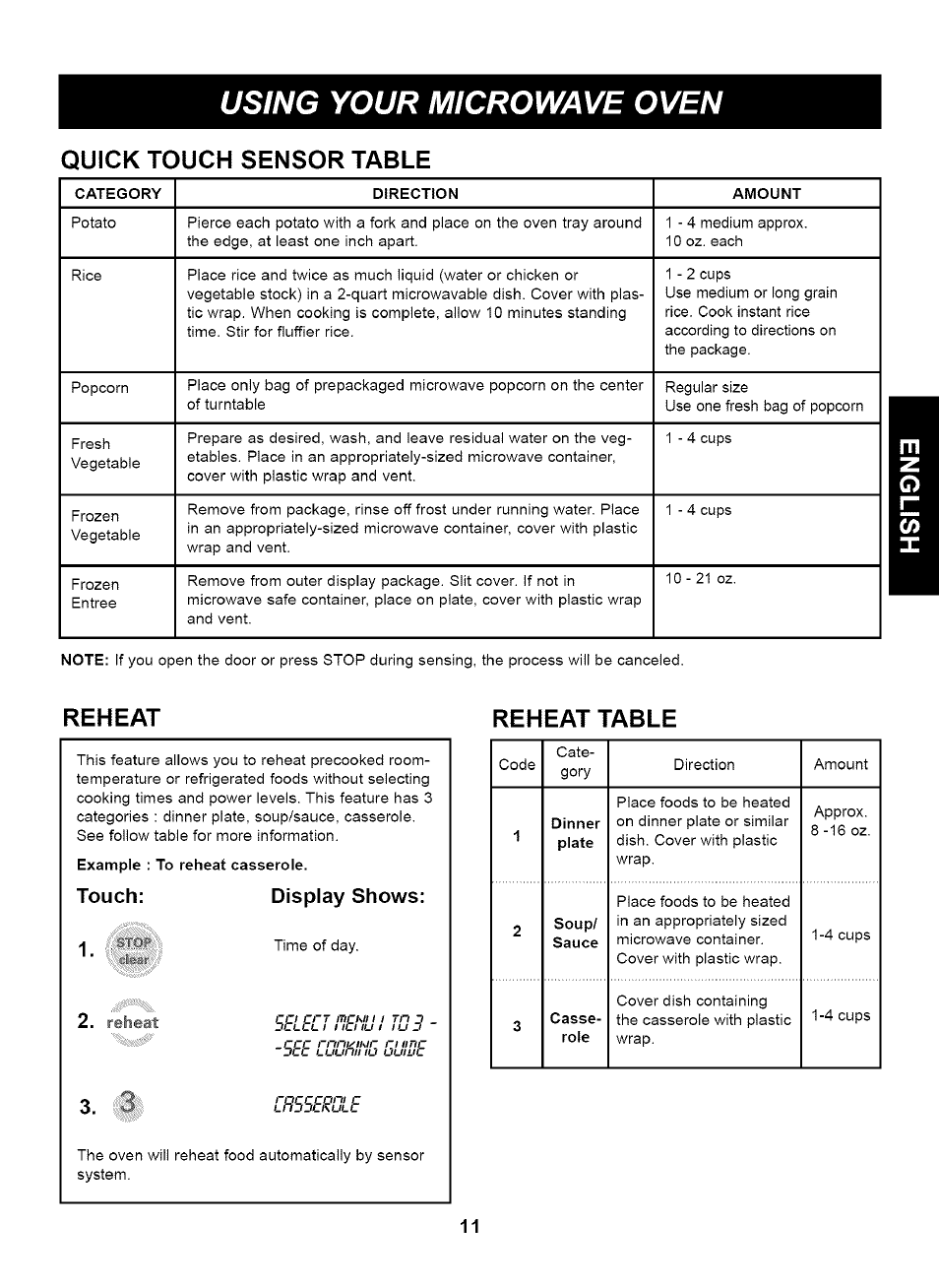 Quick touch sensor table, Reheat, Reheat table | Example : to reheat casserole, Touch: display shows, Using your microwave oven, Reheat reheat table | Kenmore 721.63263 User Manual | Page 11 / 47