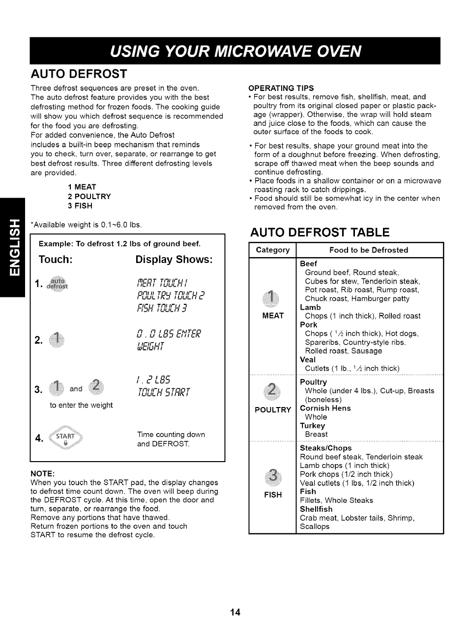 Auto defrost, 1 meat, 2 poultry | 3 fish, Operating tips, Note, Auto defrost table, Category, Meat, Poultry | Kenmore 721.63263 User Manual | Page 14 / 47