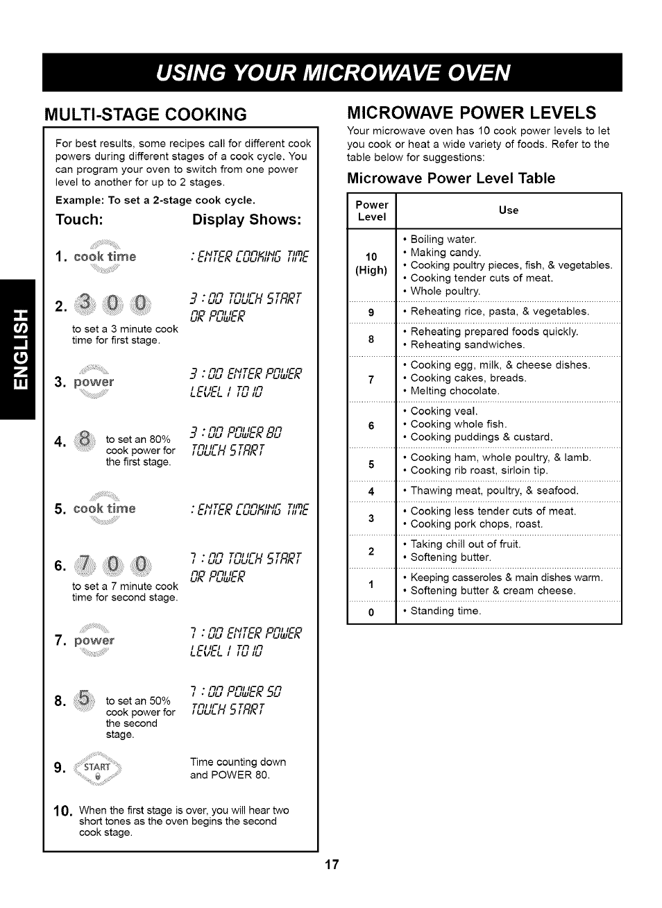 Multi-stage cooking, Microwave power levels, Microwave power level table | Using your microwave oven, T/mr | Kenmore 721.63263 User Manual | Page 17 / 47