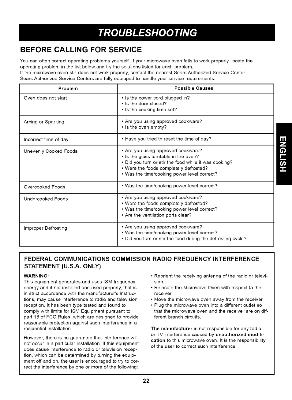 Before calling for service, Warning, Troubleshooting | Kenmore 721.63263 User Manual | Page 22 / 47