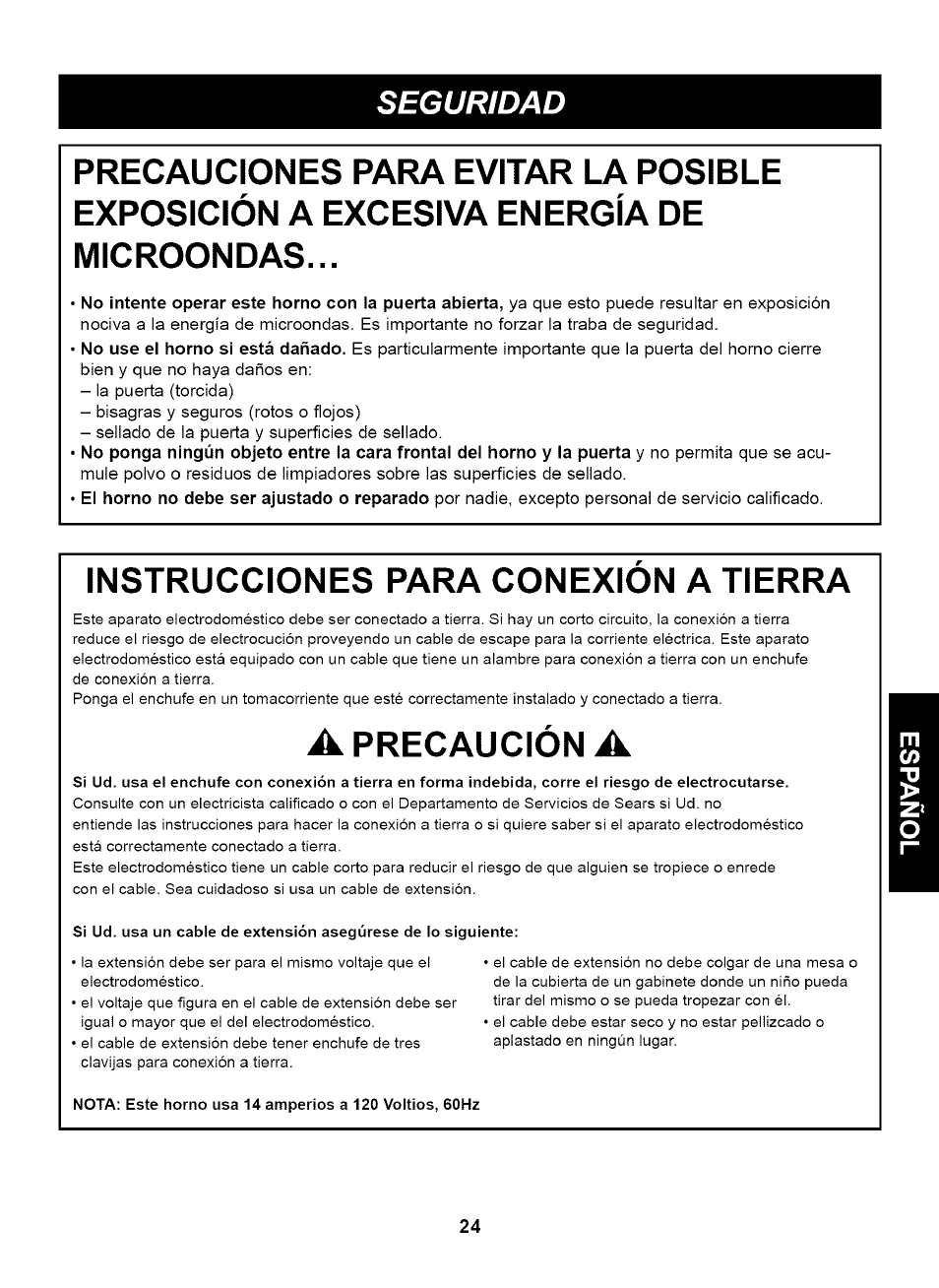 Instrucciones para conexion a tierra, A precaución a, Seguridad | Kenmore 721.63263 User Manual | Page 24 / 47