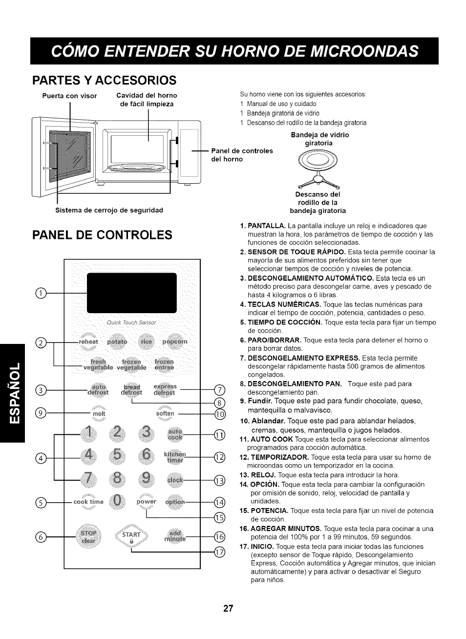 Panel de controles, Cómo entender su horno de microondas, Partes y accesorios | Élsa.r | Kenmore 721.63263 User Manual | Page 27 / 47