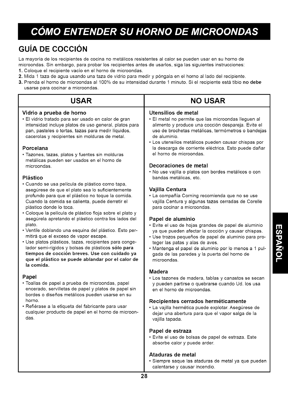 Guia de coccion, Usar, No usar | Vidrio a prueba de horno, Porcelana, Plástico, Papel, Utensilios de metal, Decoraciones de metal, Vajilla centura | Kenmore 721.63263 User Manual | Page 28 / 47