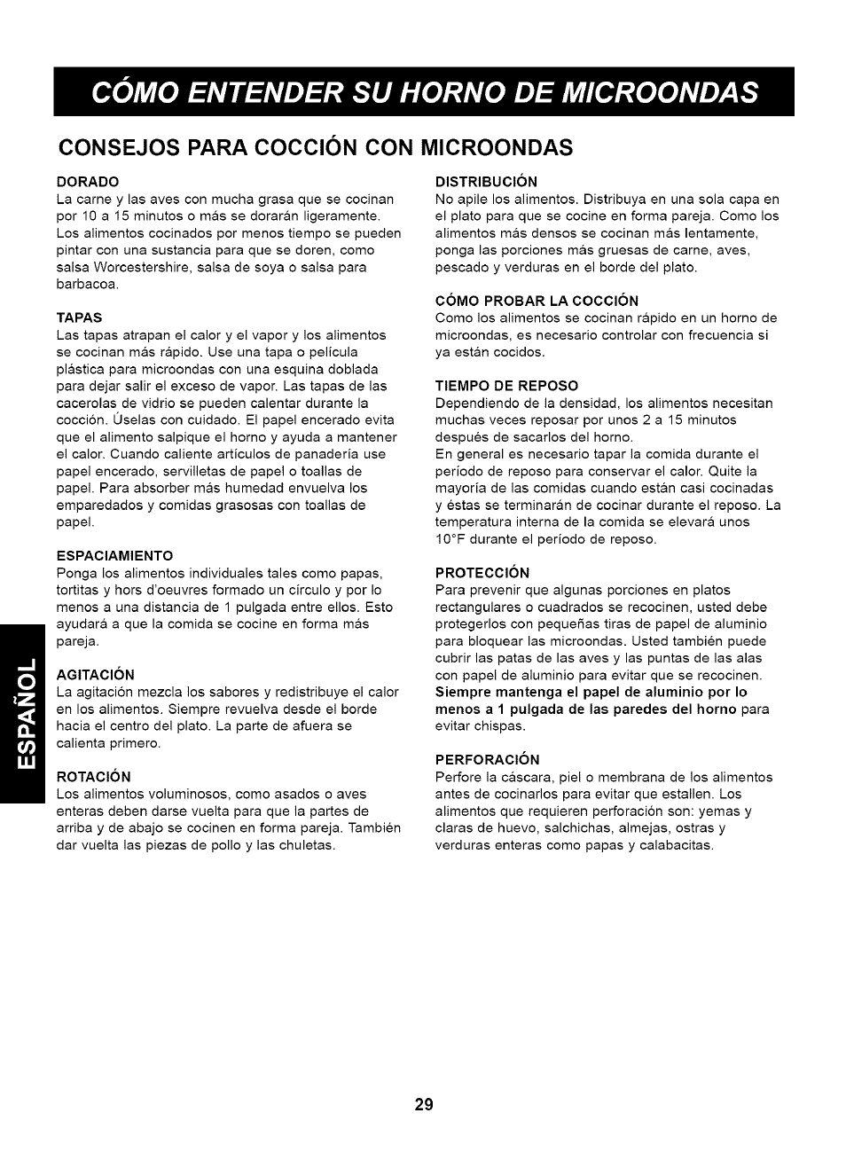 Consejos para coccion con microondas, Dorado, Tapas | Espaciamiento, Agitación, Rotación, Distribucion, Cómo probar la cocción, Tiempo de reposo, Protección | Kenmore 721.63263 User Manual | Page 29 / 47