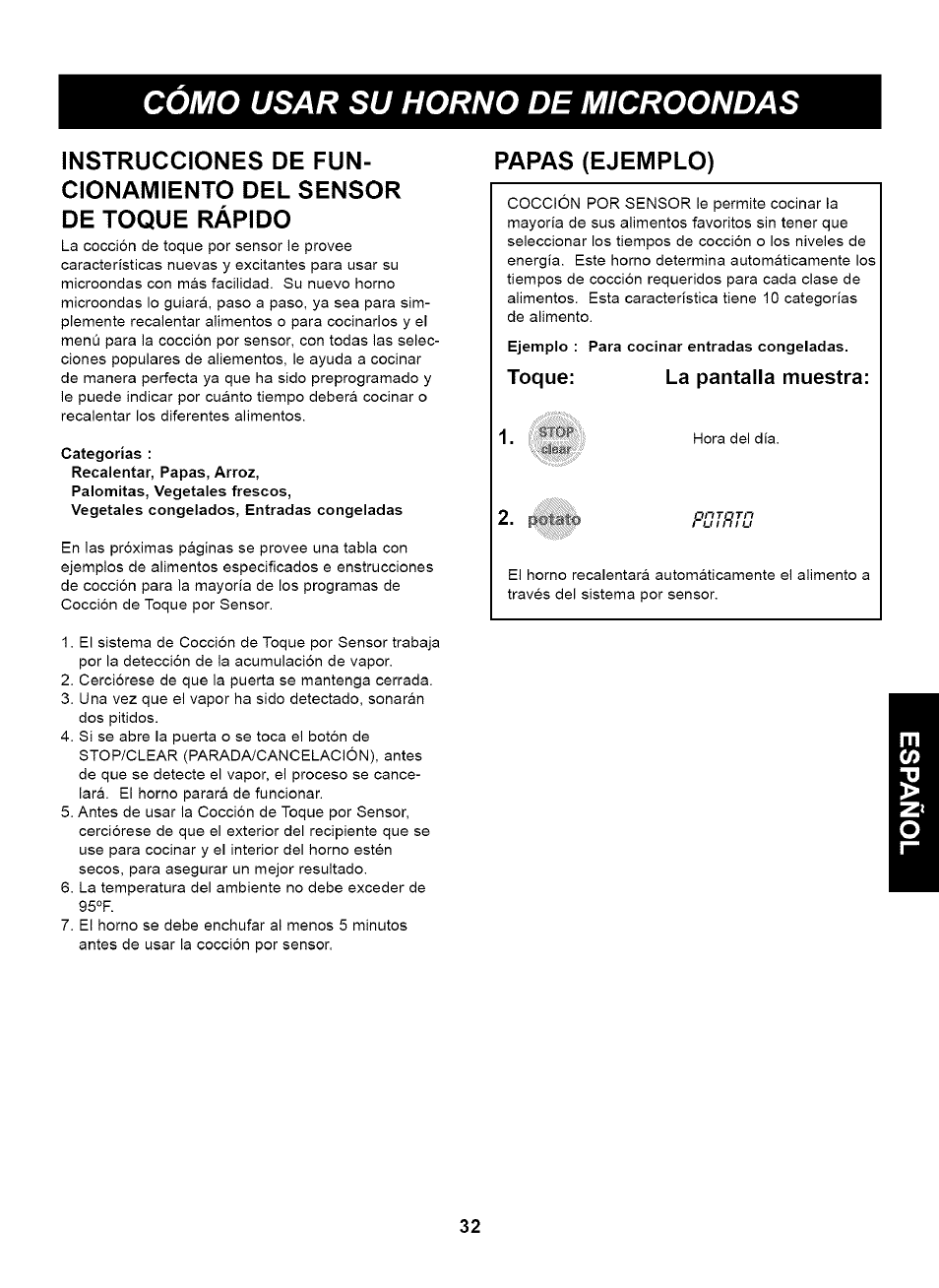 Categorías, Como usar su horno de microondas, Papas (ejemplo) | Kenmore 721.63263 User Manual | Page 32 / 47