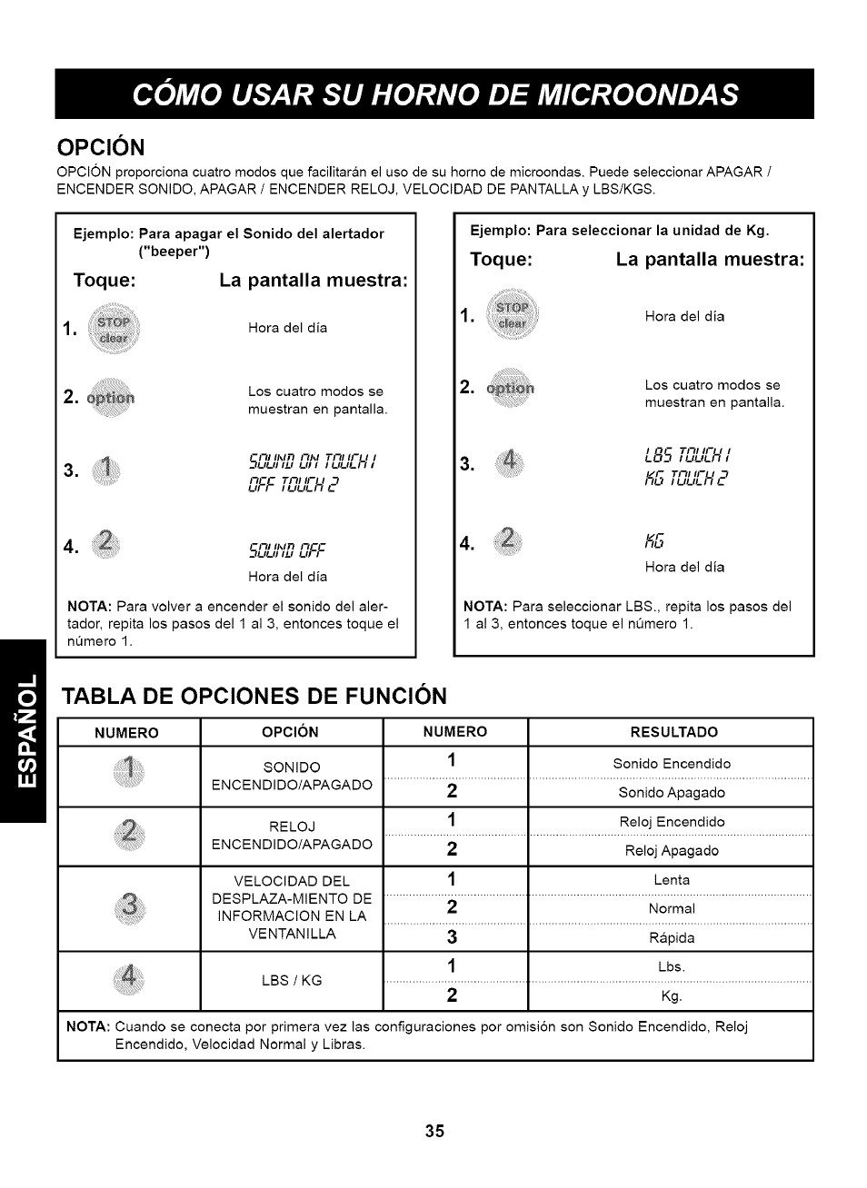 Opcion, Tabla de opciones de funcion, Opción | Tabla de opciones de función, Como usar su horno de microondas, Toque: la pantalla muestra, Toque: la pantalla muestra: 1 | Kenmore 721.63263 User Manual | Page 35 / 47