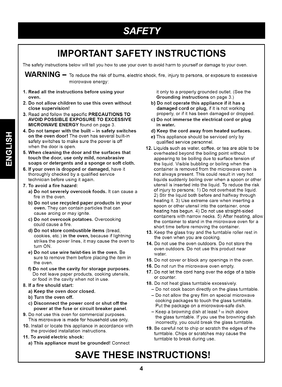 Read all the instructions before using your oven, To avoid a fire hazard, If a fire should start | To avoid electric shock, Safety, Important safety instructions, Save these instructions, Warning | Kenmore 721.63263 User Manual | Page 4 / 47