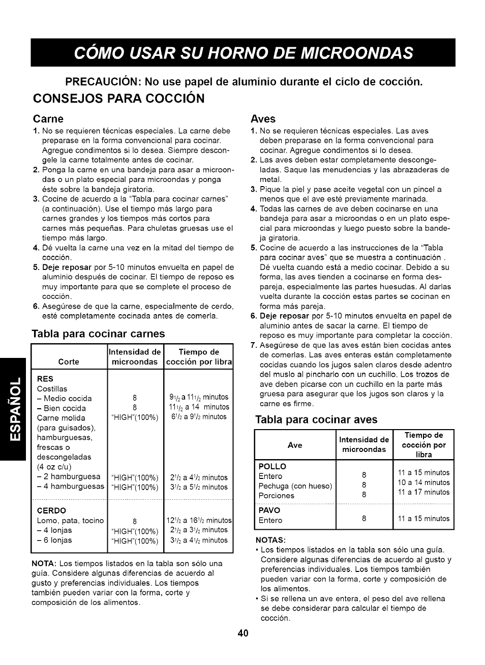 Consejos para cocción, Carne, Tabla para cocinar carnes | Aves, Tabla para cocinar aves, Consejos para cocción -41, Como usar su horno de microondas | Kenmore 721.63263 User Manual | Page 40 / 47
