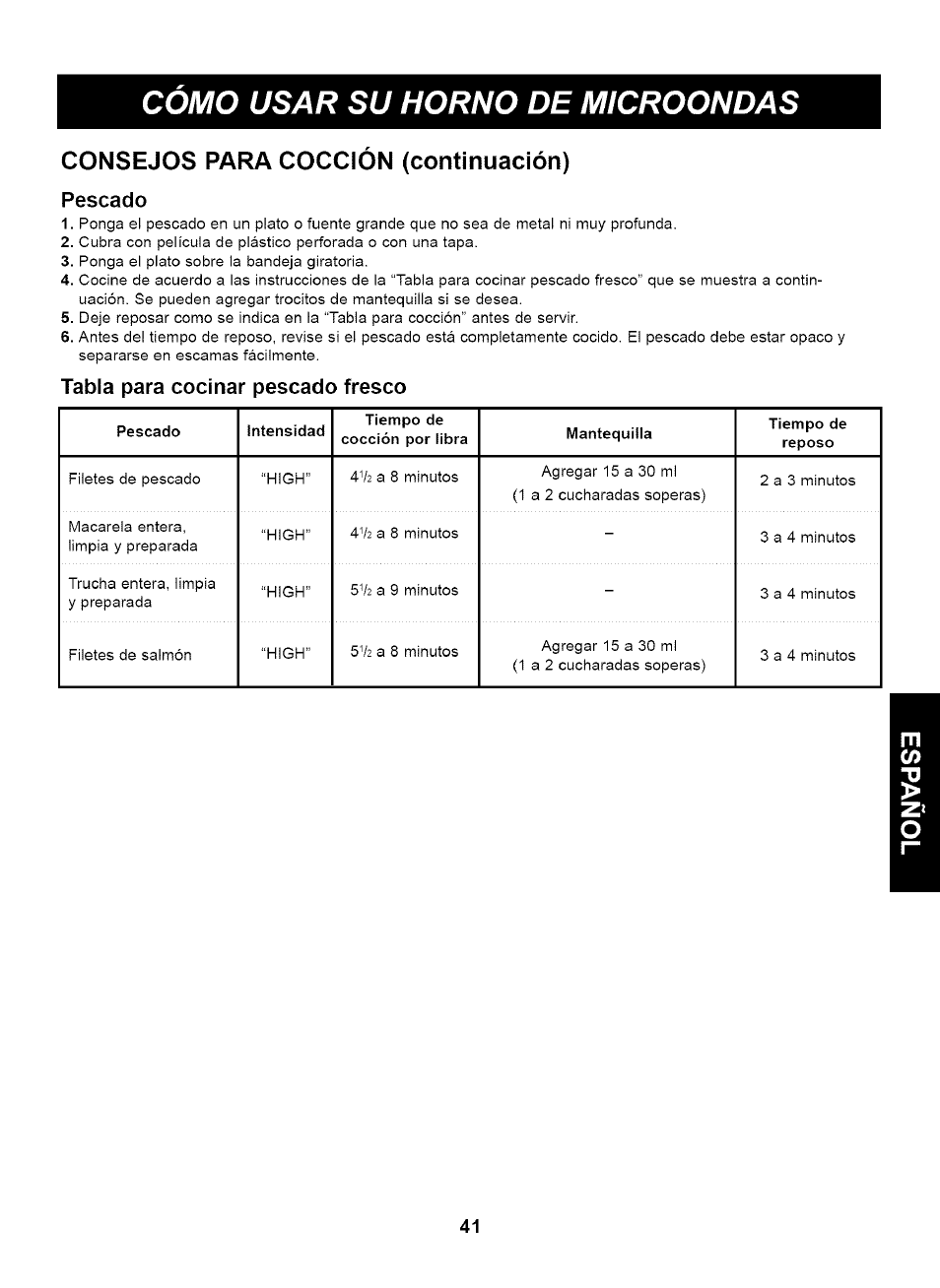 Consejos para cocción (continuación), Pescado, Tabla para cocinar pescado fresco | Como usar su horno de microondas | Kenmore 721.63263 User Manual | Page 41 / 47