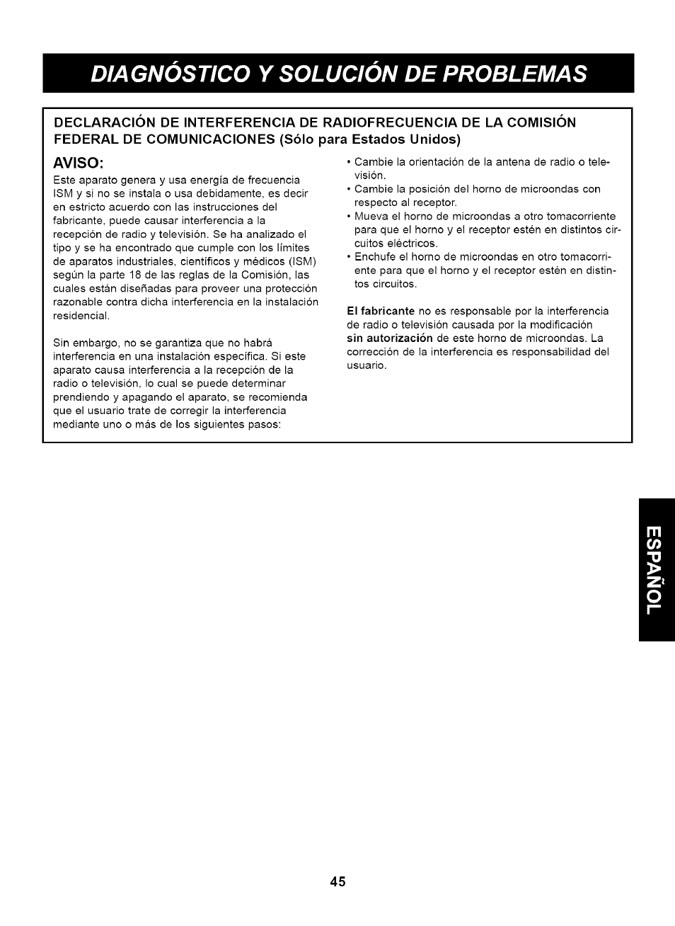 Aviso, Diagnostico y solucion de problemas | Kenmore 721.63263 User Manual | Page 45 / 47