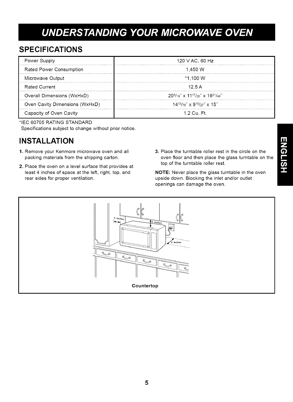 Specifications, Installation, Understanding your microwave oven | Kenmore 721.63263 User Manual | Page 5 / 47