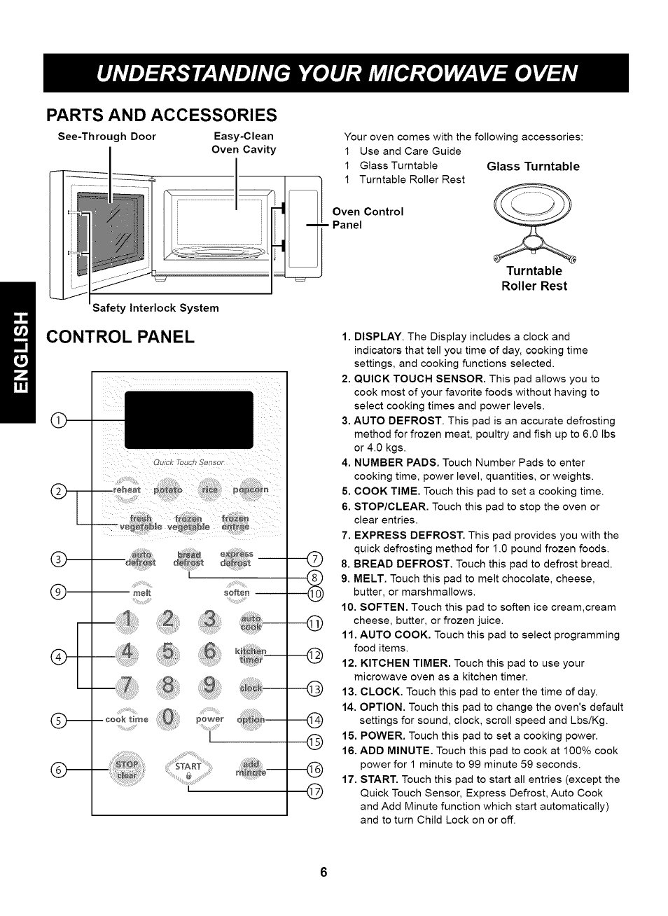 Glass turntable, Roller rest, Control panel | Understanding your microwave oven, Parts and accessories, Reheat poíató ' r-icé^ . popcora, Élíía.r | Kenmore 721.63263 User Manual | Page 6 / 47