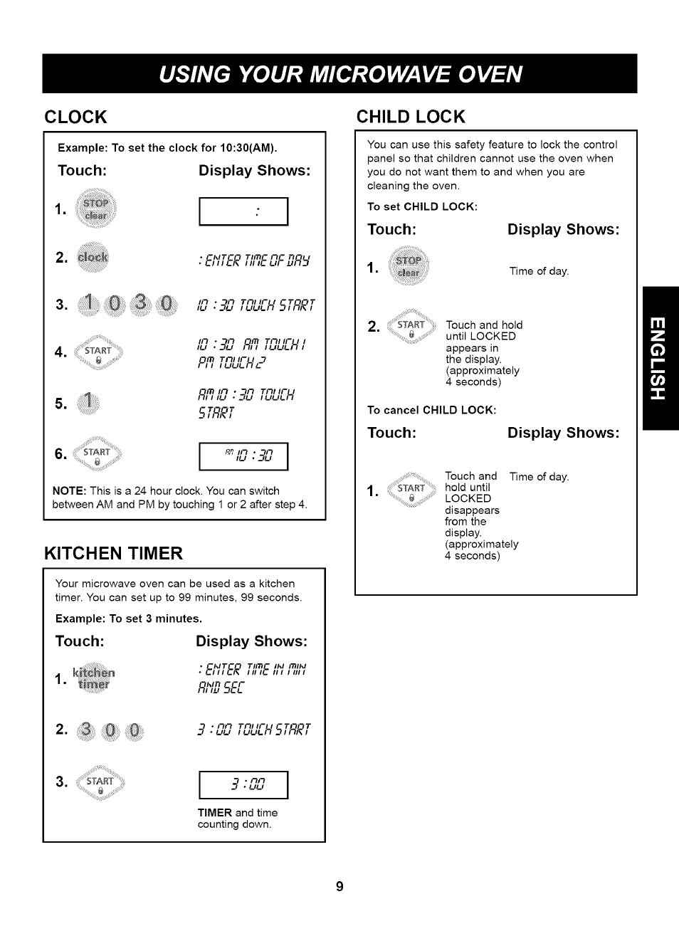 Clock, Child lock, Kitchen timer | Example: to set 3 minutes, Using your microwave oven, Clock child lock | Kenmore 721.63263 User Manual | Page 9 / 47