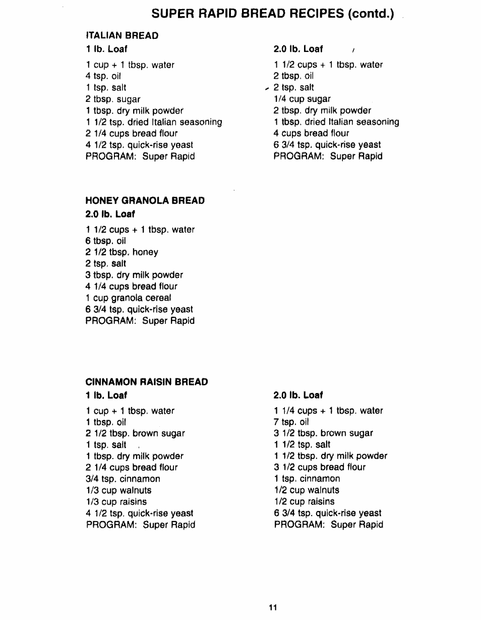 Super rapid bread recipes (contd.), Italian bread 1 lb. loaf, 0 lb. loaf | Honey granola bread, Cinnamon raisin bread 1 lb. loaf | Kenmore 48487 User Manual | Page 12 / 25