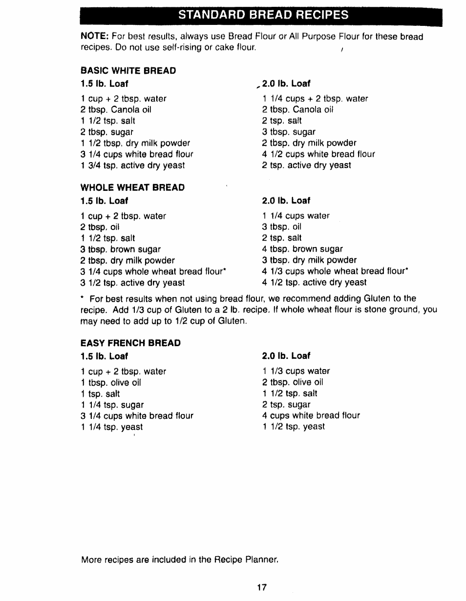 Basic white bread, 5 lb. loaf, Whole wheat bread | 0 lb. loaf, Easy french bread, Standard bread recipes | Kenmore 48487 User Manual | Page 18 / 25