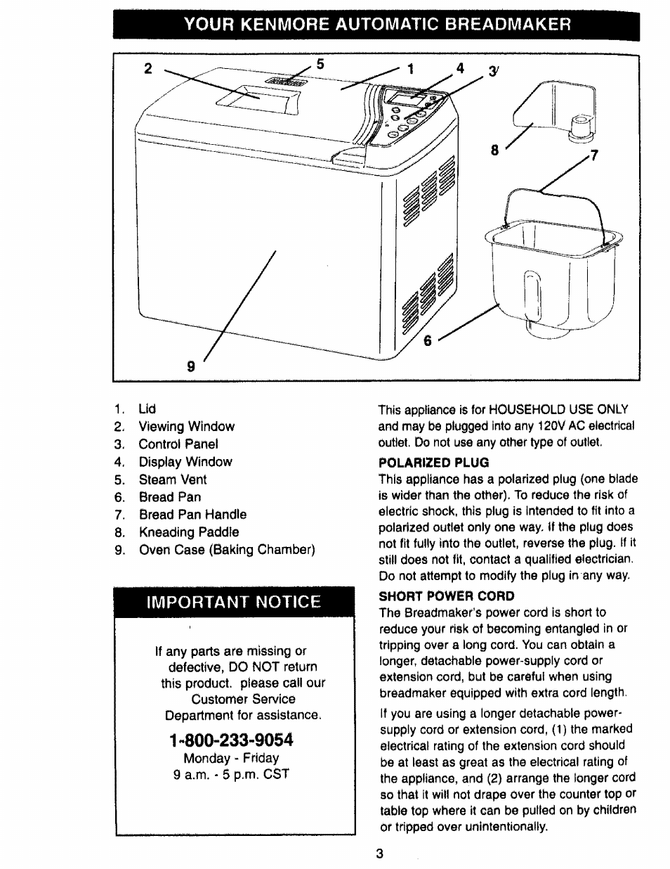 Your kenmore automatic breadmaker, Polabized plug, Short power cord | Important notice | Kenmore 48487 User Manual | Page 4 / 25