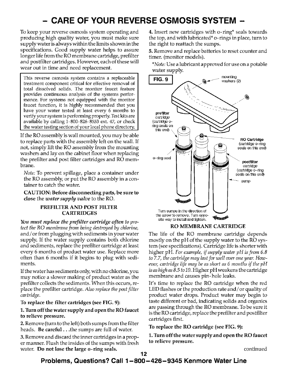 Care of your reverse osmosis system | Kenmore ULTRAFILTER 300 625.384720 User Manual | Page 12 / 20