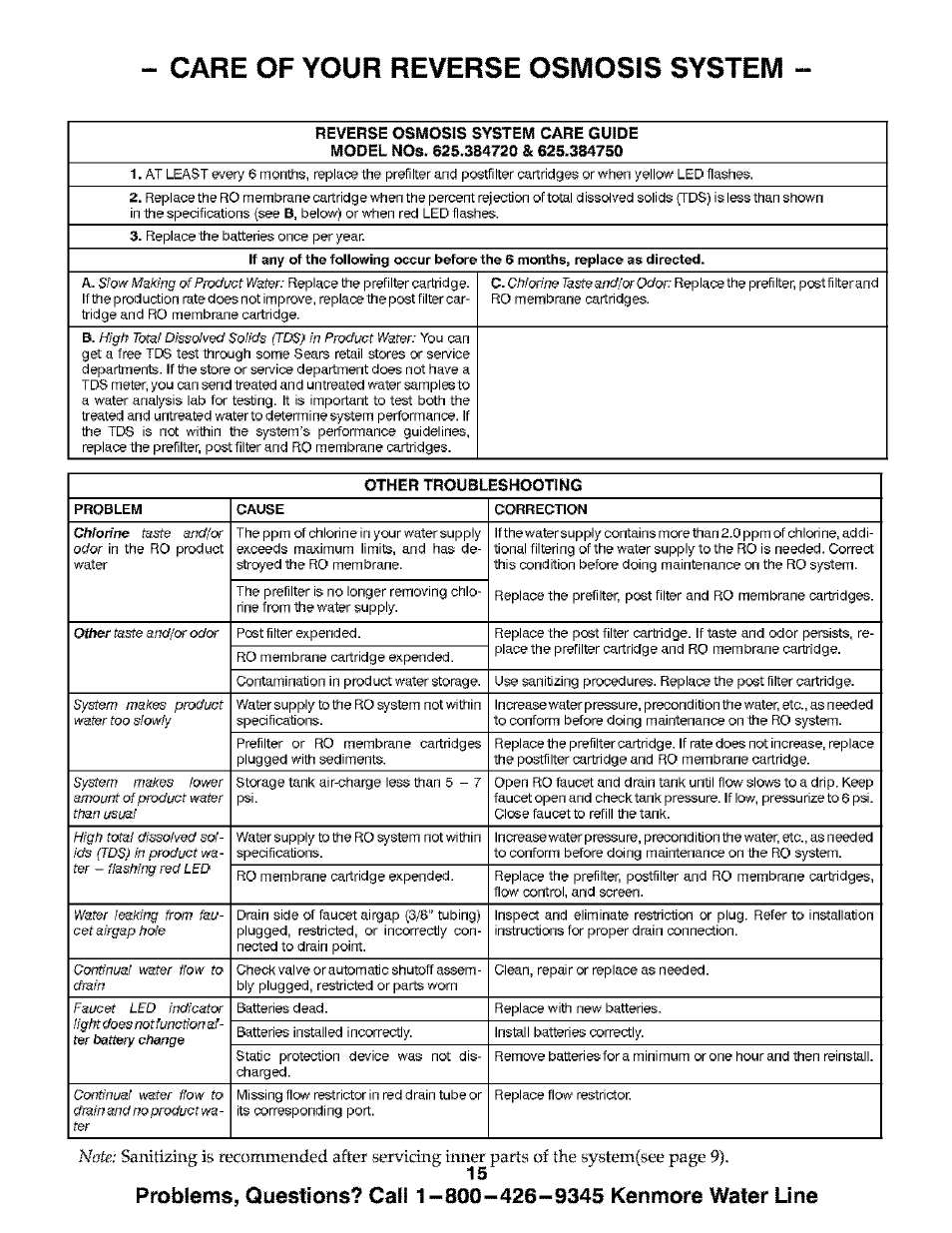 Care of your reverse osmosis system | Kenmore ULTRAFILTER 300 625.384720 User Manual | Page 15 / 20