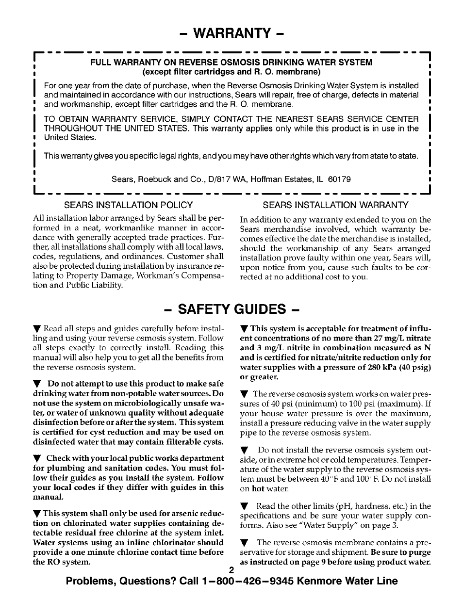 Warranty, Safety guides | Kenmore ULTRAFILTER 300 625.384720 User Manual | Page 2 / 20