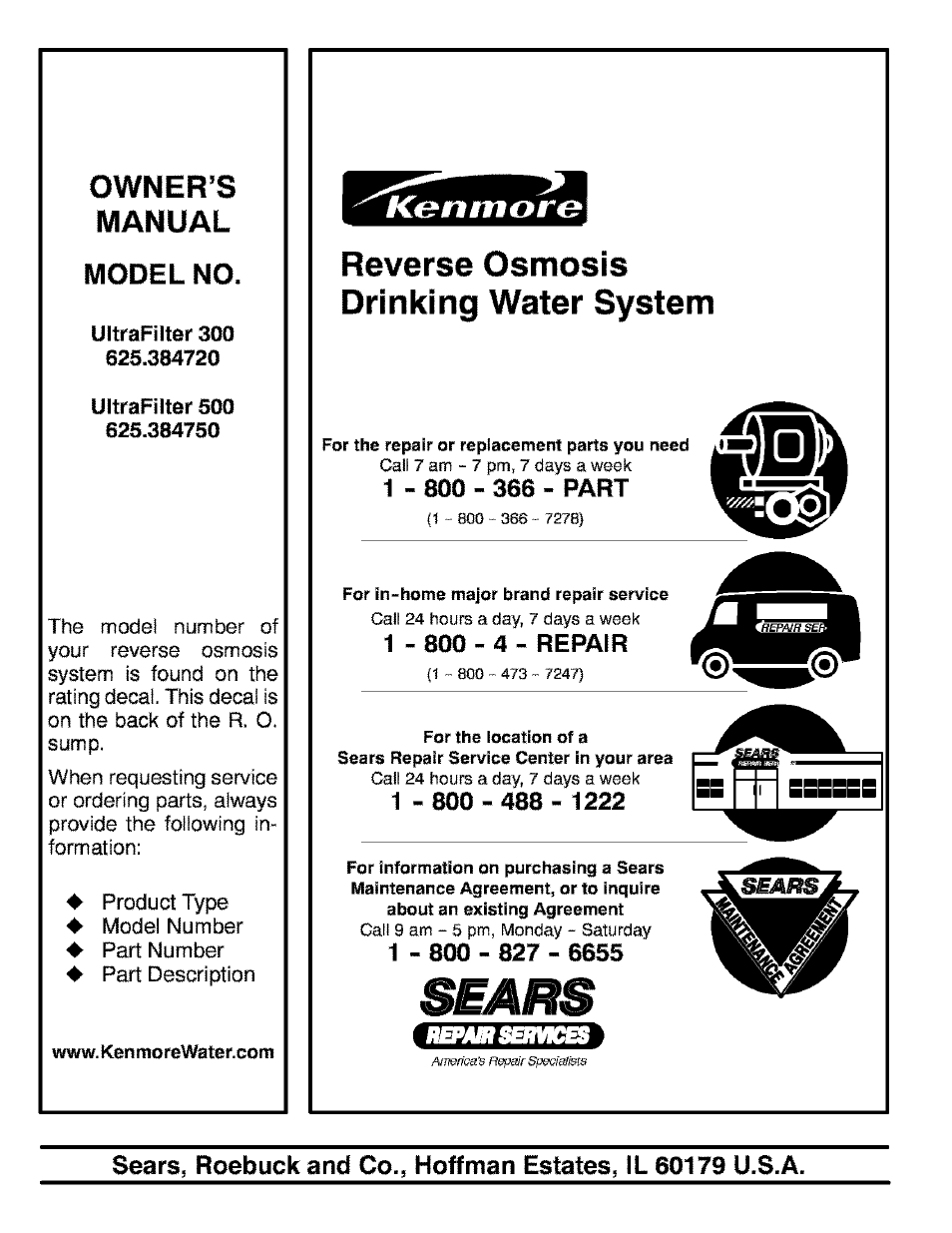 Model no, Reverse osmosis drinking water system, Owner^s manual | Kenmore ULTRAFILTER 300 625.384720 User Manual | Page 20 / 20