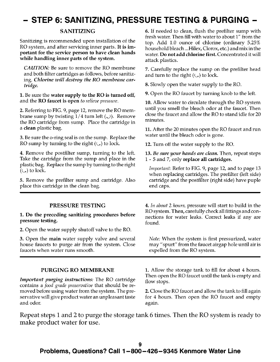 Step 6: sanitizing, pressure testing & purging | Kenmore ULTRAFILTER 300 625.384720 User Manual | Page 9 / 20