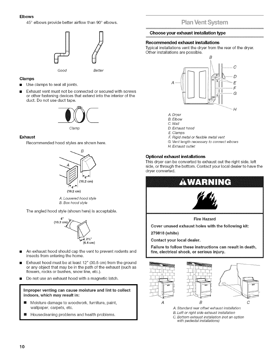 Choose your exhaust installation type, Recommended exhaust installations, Optional exhaust installations | Awarning | Kenmore HE2 110.9656 User Manual | Page 10 / 48