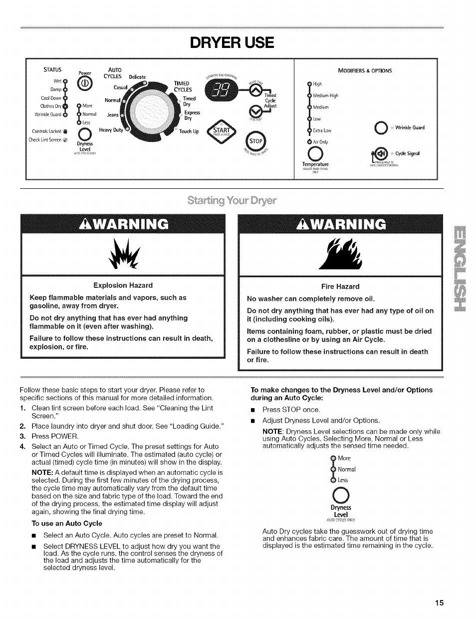 Dryer use | Kenmore HE2 110.9656 User Manual | Page 15 / 48