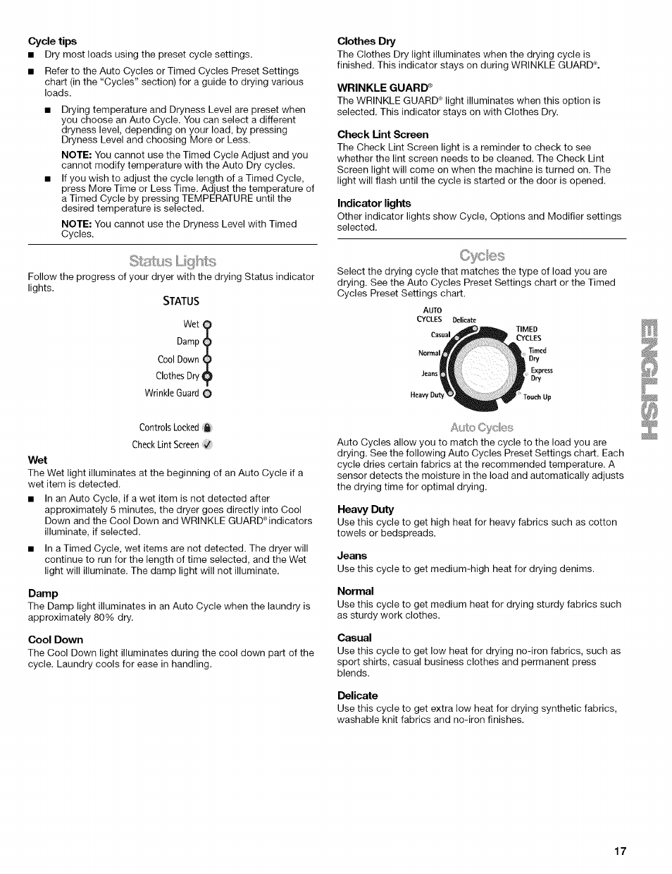 Cycle tips, Clothes dry, Wrinkle guard | Check lint screen, Indicator lights, Status, Damp, Cool down, Heavy duty, Jeans | Kenmore HE2 110.9656 User Manual | Page 17 / 48