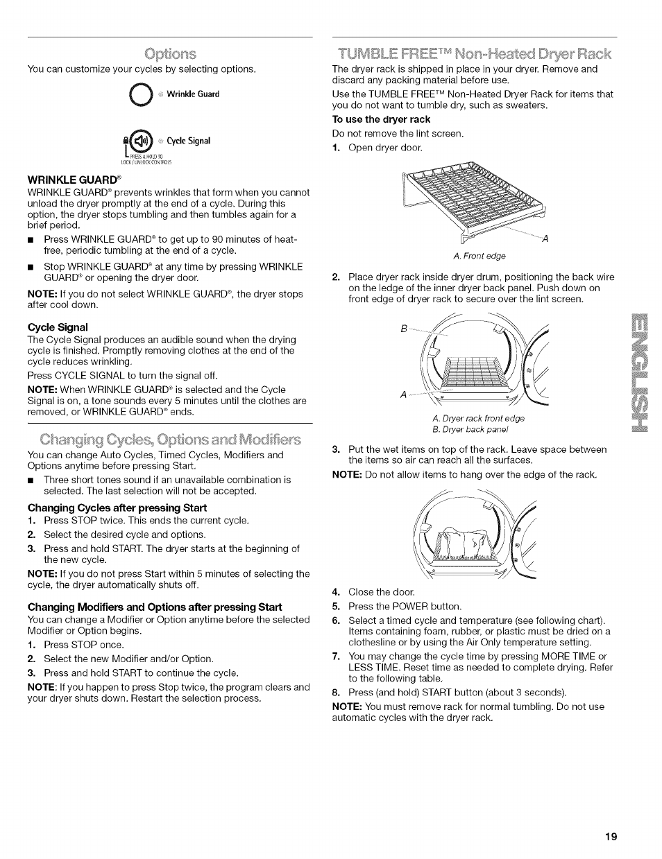 Yptions, Wrinkle guard, Cycle signal | Options | Kenmore HE2 110.9656 User Manual | Page 19 / 48