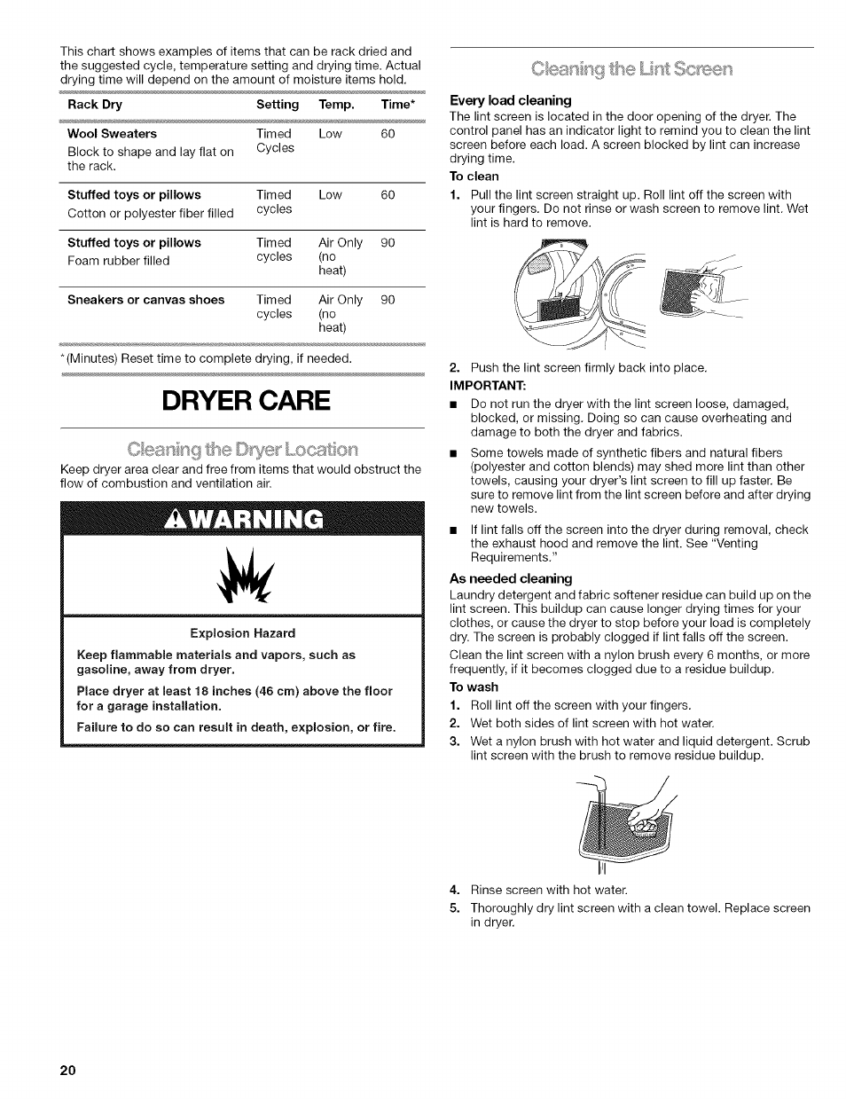 Every load cleaning, Dryer care, C#i6ciniriq til© ljflt scrcmifi | Kenmore HE2 110.9656 User Manual | Page 20 / 48