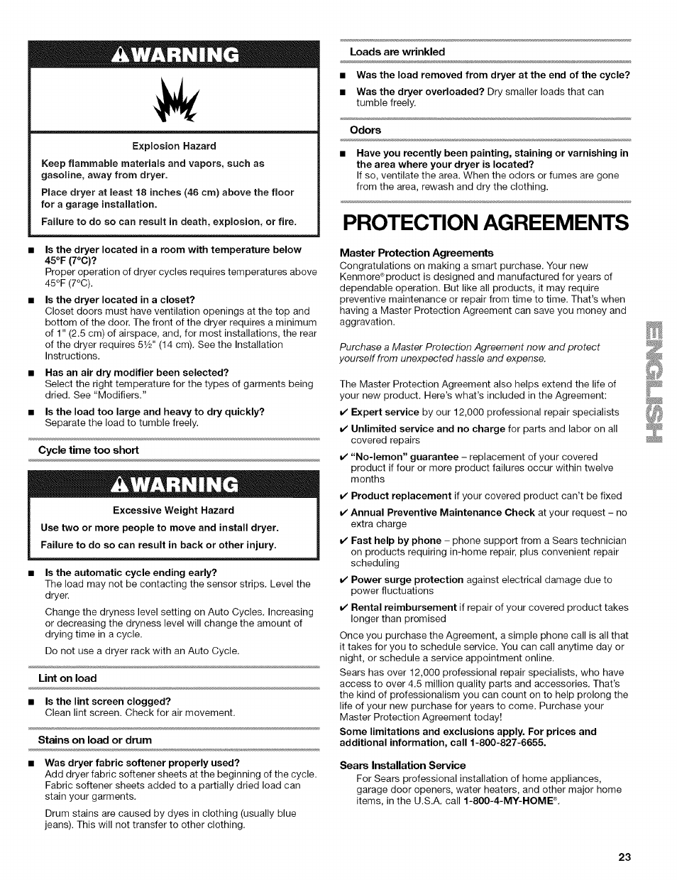 Lint on load, Stains on load or drum, Master protection agreements | Sears installation service, Protection agreements, Awarnincí | Kenmore HE2 110.9656 User Manual | Page 23 / 48