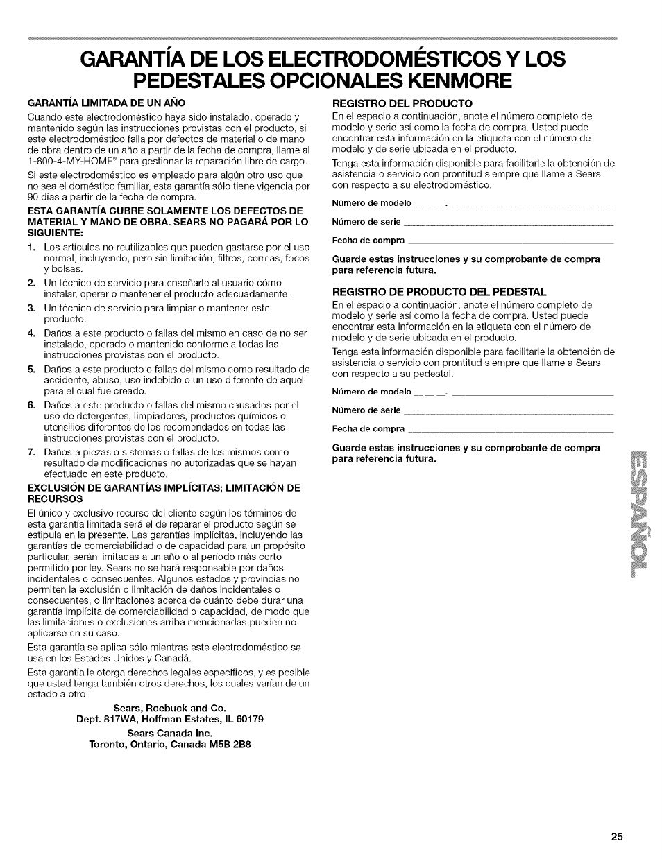 Registro del producto, Registro de producto del pedestal | Kenmore HE2 110.9656 User Manual | Page 25 / 48