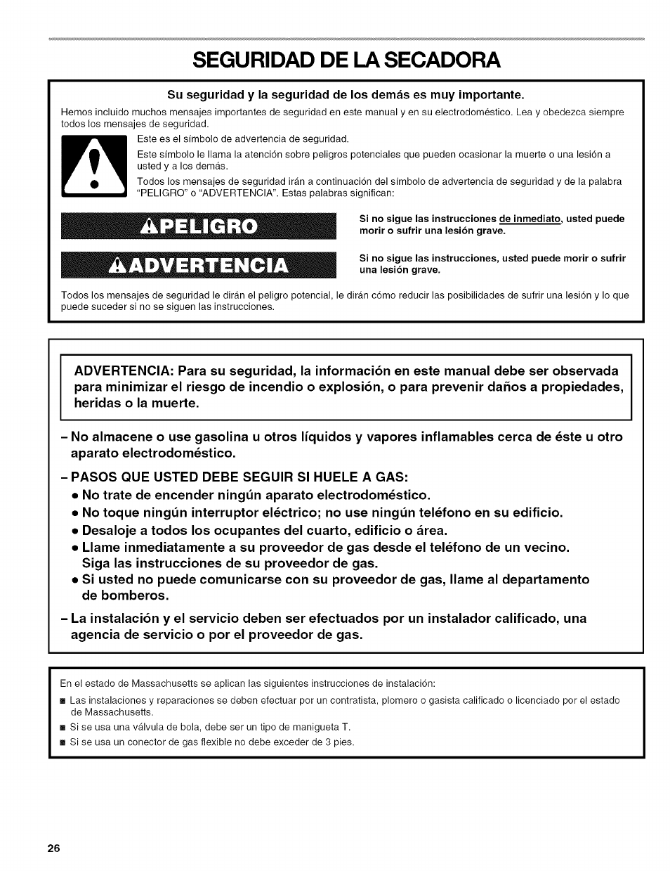 Seguridad de la secadora | Kenmore HE2 110.9656 User Manual | Page 26 / 48