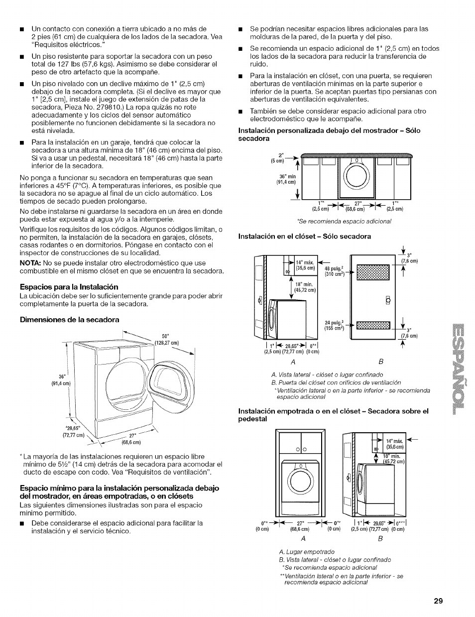 Espacios para la instalación, Dimensiones de la secadora | Kenmore HE2 110.9656 User Manual | Page 29 / 48