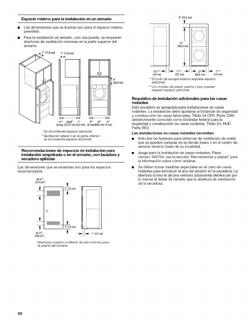 Espacio mínimo para la instalación en un armario | Kenmore HE2 110.9656 User Manual | Page 30 / 48