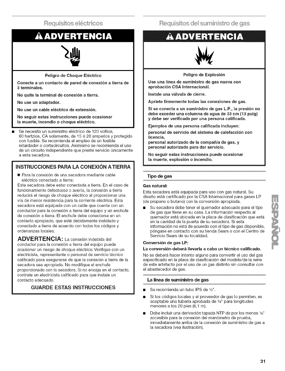 Reqyisrtos del syriiinistro de gas, Tipo de gas, La línea de suministro de gas | Requisitos dei suministro de gas, A advertencia, Eiéctricíss reqyisrtos del syriiinistro de gas | Kenmore HE2 110.9656 User Manual | Page 31 / 48