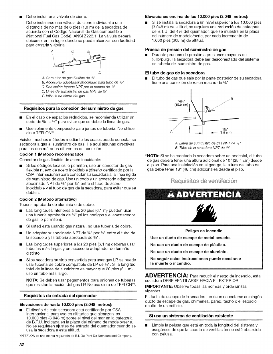 Requisitos para ia conexión dei suministro de gas, Requisitos de entrada del quemador, Prueba de presión del suministro de gas | El tubo de gas de la secadora, S¡ usa un sistema de ventilación existente, Conexión del suministro de gas, Advertencia | Kenmore HE2 110.9656 User Manual | Page 32 / 48