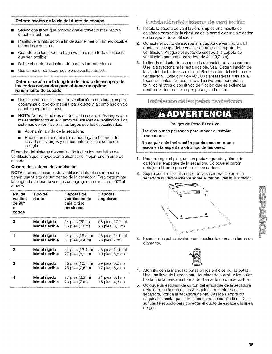 Determinación de la vía del ducto de escape, Iriáaiación del sistema de wentladón, Instalación de las patas níceíacloras | A advertencia | Kenmore HE2 110.9656 User Manual | Page 35 / 48