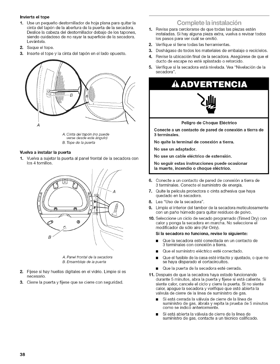 Gornpifílb la instaiación, A advertencia | Kenmore HE2 110.9656 User Manual | Page 38 / 48