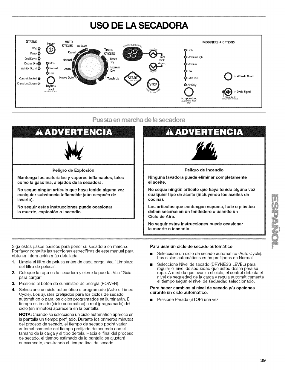 Uso de u\ secadora, A advertencia | Kenmore HE2 110.9656 User Manual | Page 39 / 48