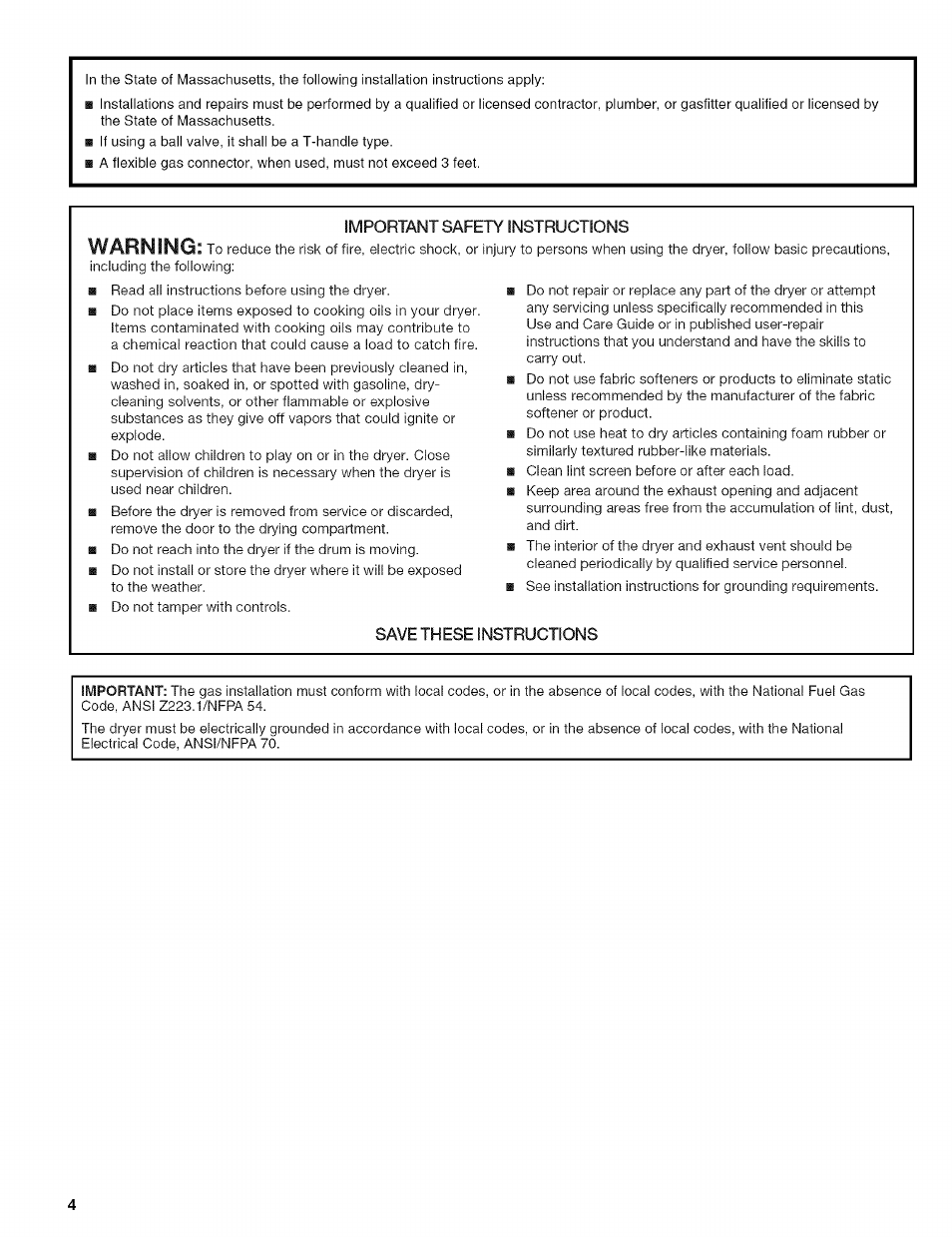 Save these instructions, Warning | Kenmore HE2 110.9656 User Manual | Page 4 / 48