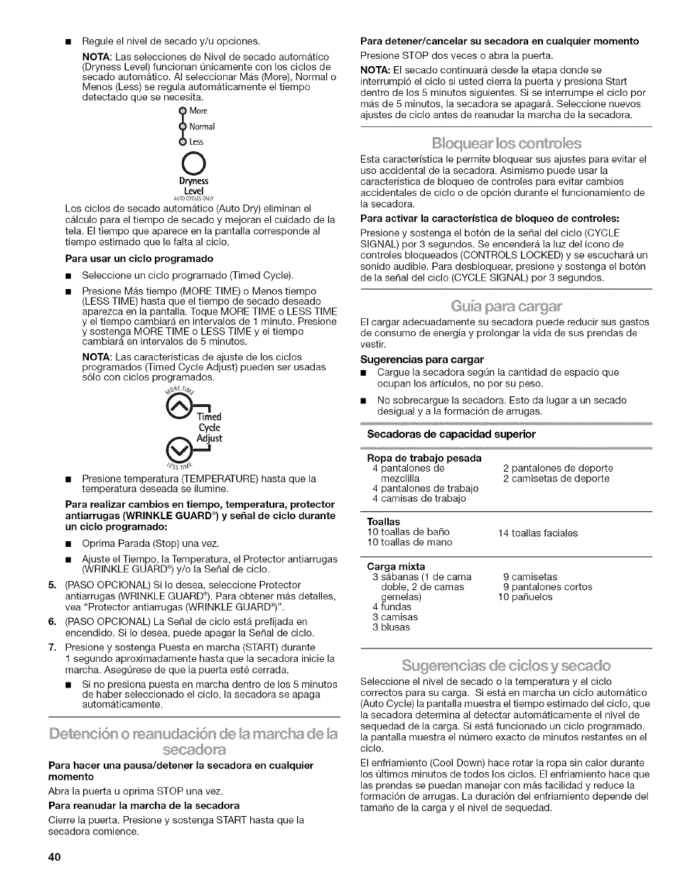 Cíyía para cargar, Secadoras de capacidad superior, Guía para cargar | Kenmore HE2 110.9656 User Manual | Page 40 / 48