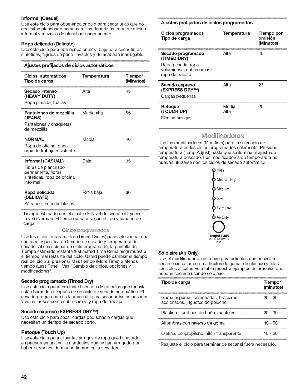 Informal (casual), Ropa delicada (delicate), Ajustes prefijados de ciclos automáticos | Ajustes prefijados de ciclos programados, Sólo aire (air oniy) | Kenmore HE2 110.9656 User Manual | Page 42 / 48