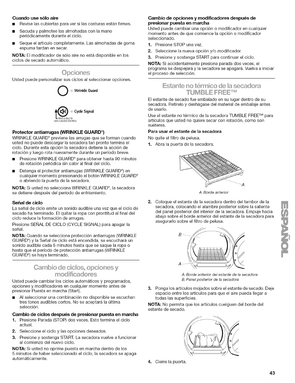 Cuando use sólo aire, Protector antiarrugas (wrinkle guard®), Señal de ciclo | Kenmore HE2 110.9656 User Manual | Page 43 / 48