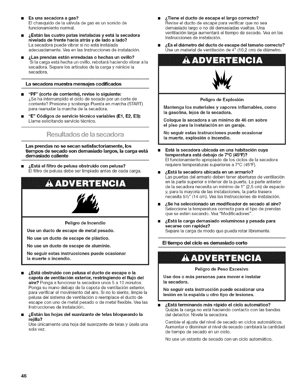 La secadora muestra mensajes codificados, Resyitacios de la secadera, El tiempo del ciclo es demasiado corto | A advertencia, Aadvertencia | Kenmore HE2 110.9656 User Manual | Page 46 / 48