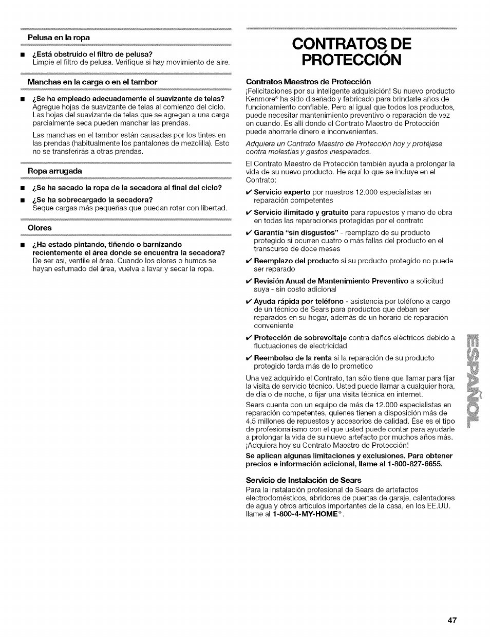 Pelusa en la ropa, Contratos maestros de protección, Servicio de instalación de sears | Contratos de protección | Kenmore HE2 110.9656 User Manual | Page 47 / 48